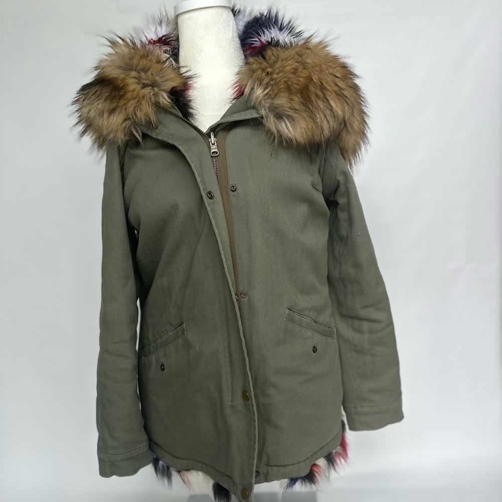 Olive Green Parka / Vest with Faux Fur Trim & Inner Lining